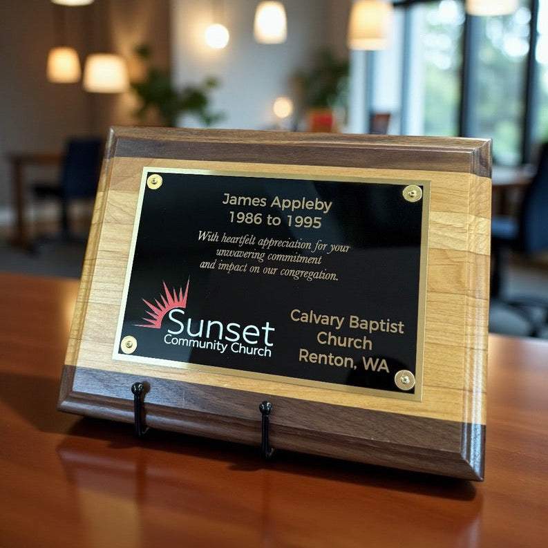 Traditional wood recognition plaque with black engraved and UV color printed metal plate