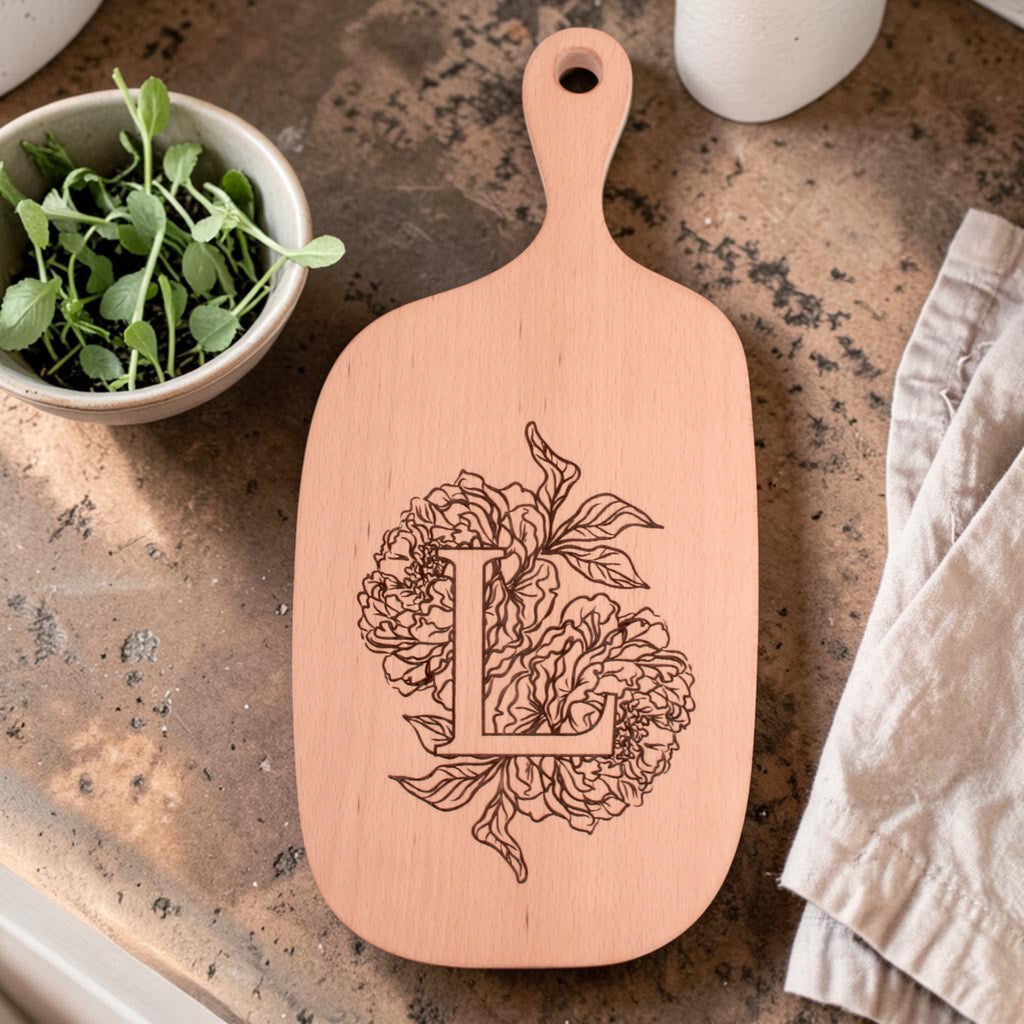 Peony Initial Engraved Cutting Board