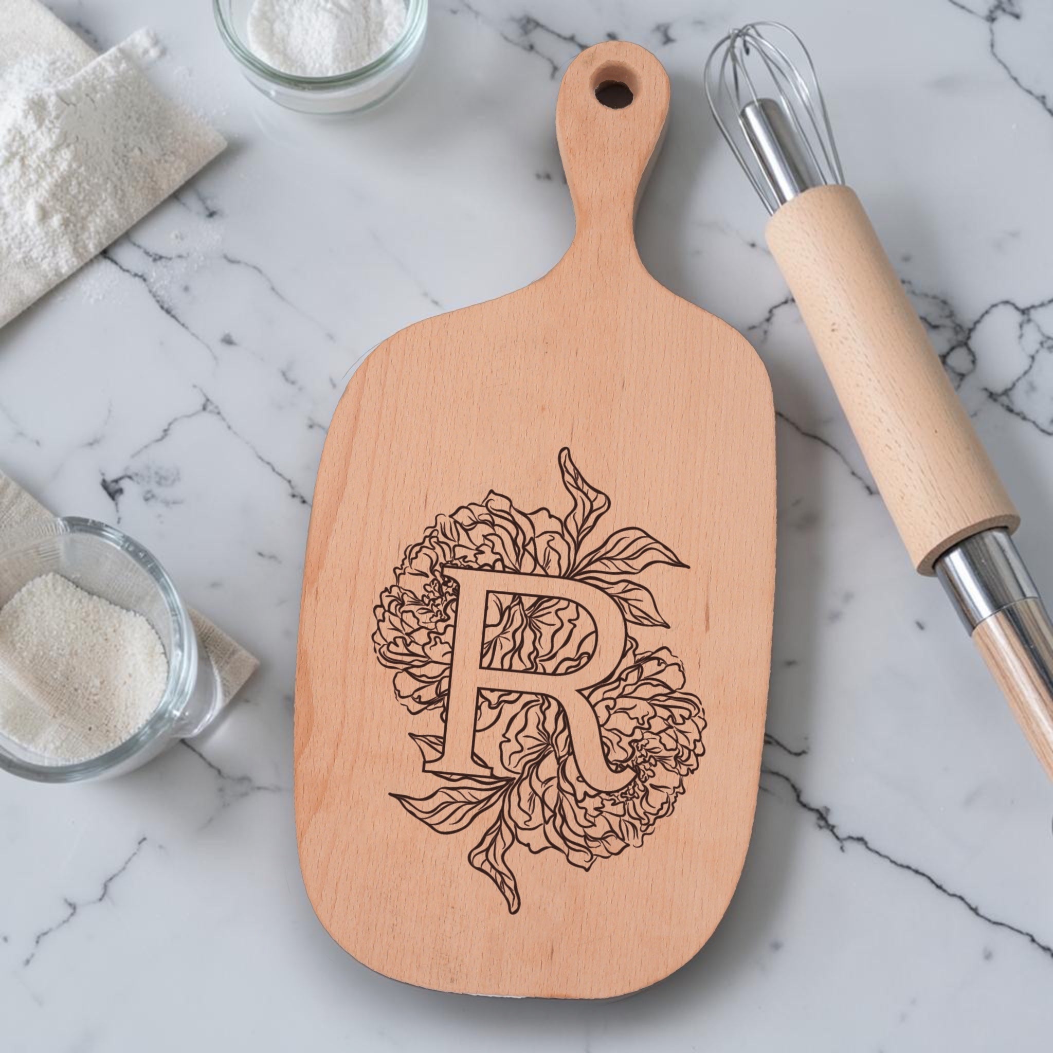 Peony Initial Engraved Cutting Board
