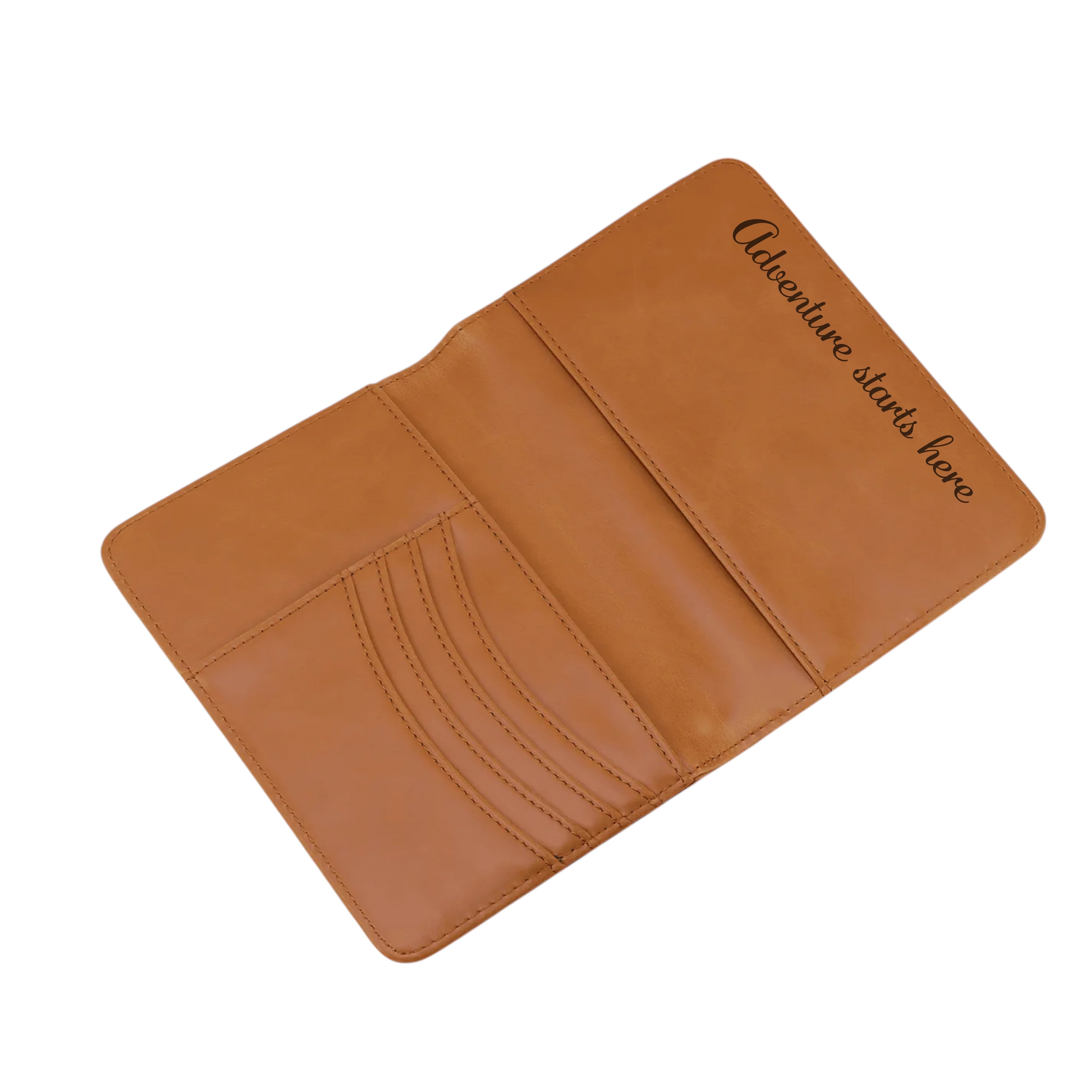 Leatherette passport wallet styled with travel essentials for corporate gifting.