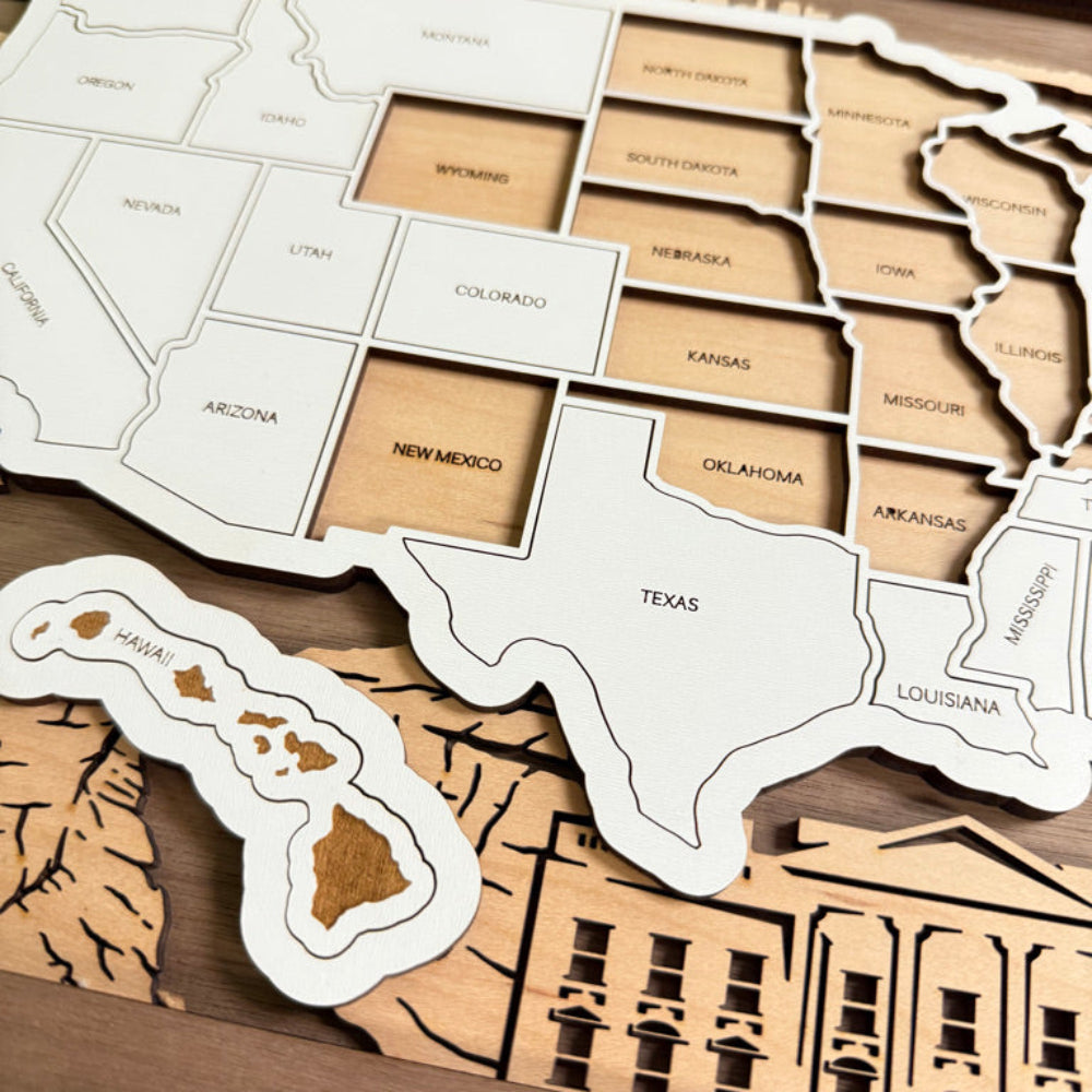 Wooden puzzle map of the United States with individual states