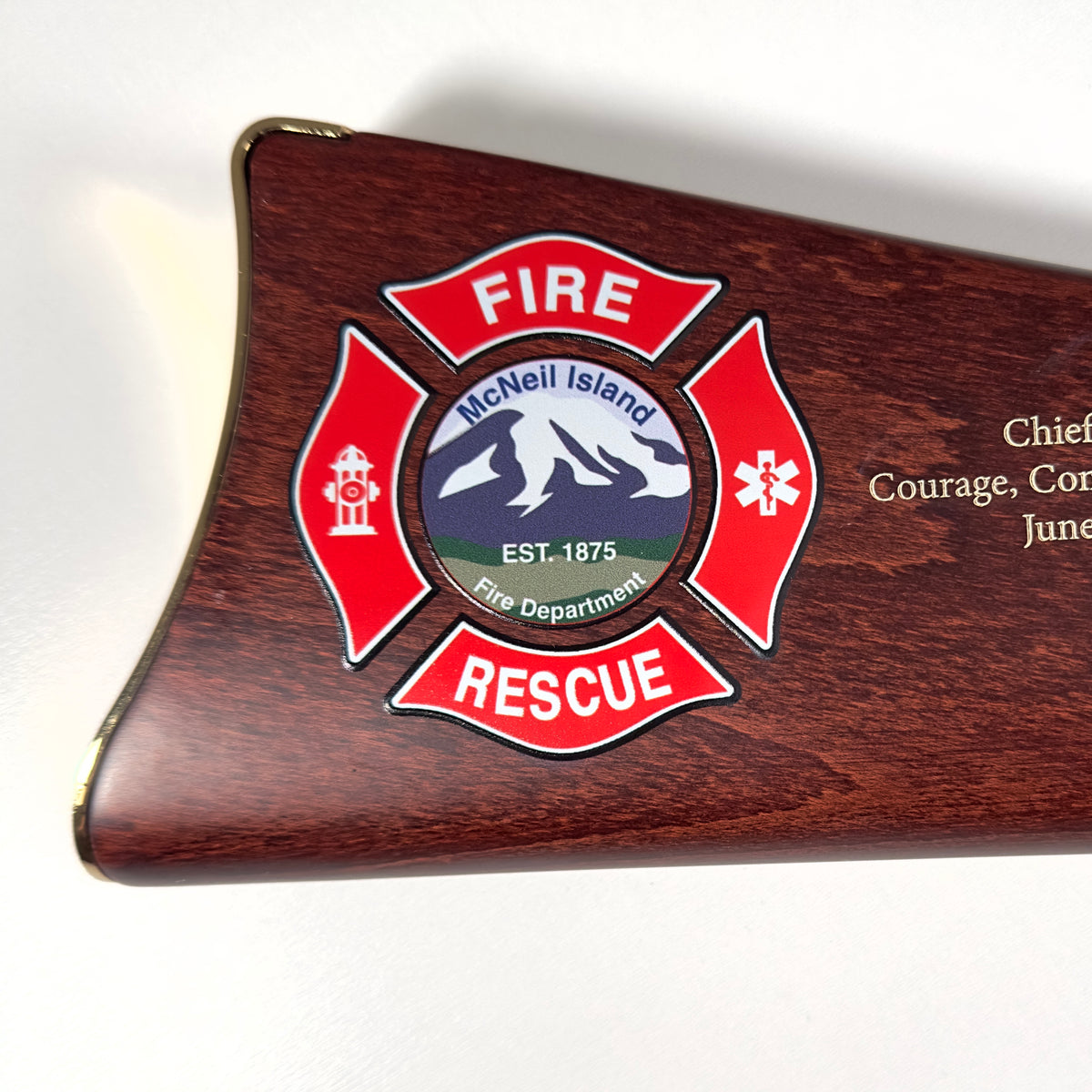Custom wood fire department recognition piece combining a full-color UV-printed emblem with engraved lettering.