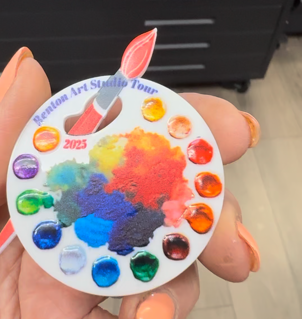 Artist-palette-shaped event piece UV printed in full color for the Renton Art Studio Tour.