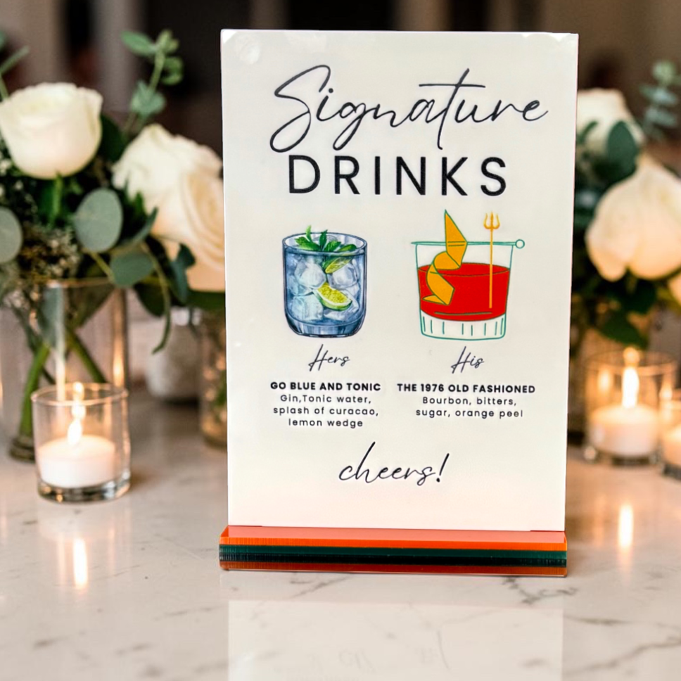Full-color UV-printed signature drinks sign created for a wedding reception by Foxwood Engraving.
