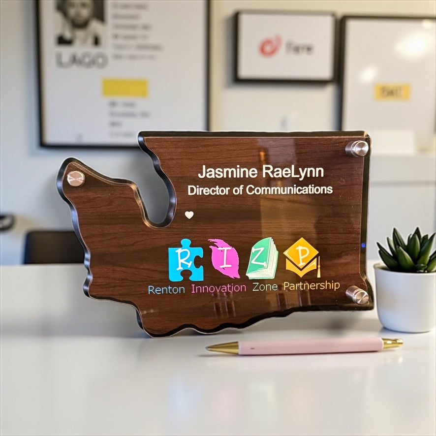 Custom Washington-shaped wood award with colorful printed graphics and personalized text
