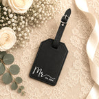 Black leatherette luggage tag engraved with Mr design in gift box.