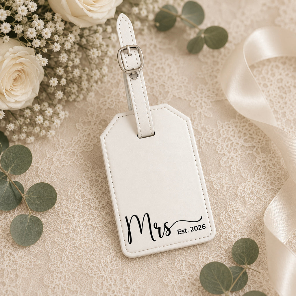 White leatherette luggage tag engraved with Mrs and wedding date in gift box.