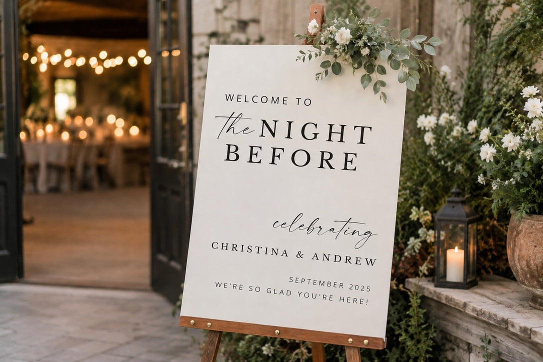 White wedding weekend welcome sign created for Christina and Andrew’s Night Before celebration.