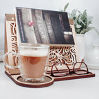 Maple wooden book stand with built-in coffee mug holder and engraved reading tray