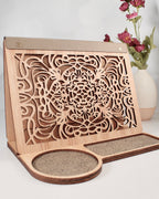 Front view of engraved wooden book valet with integrated cup holder