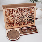 Wooden book stand featuring engraved artwork and lower storage compartment