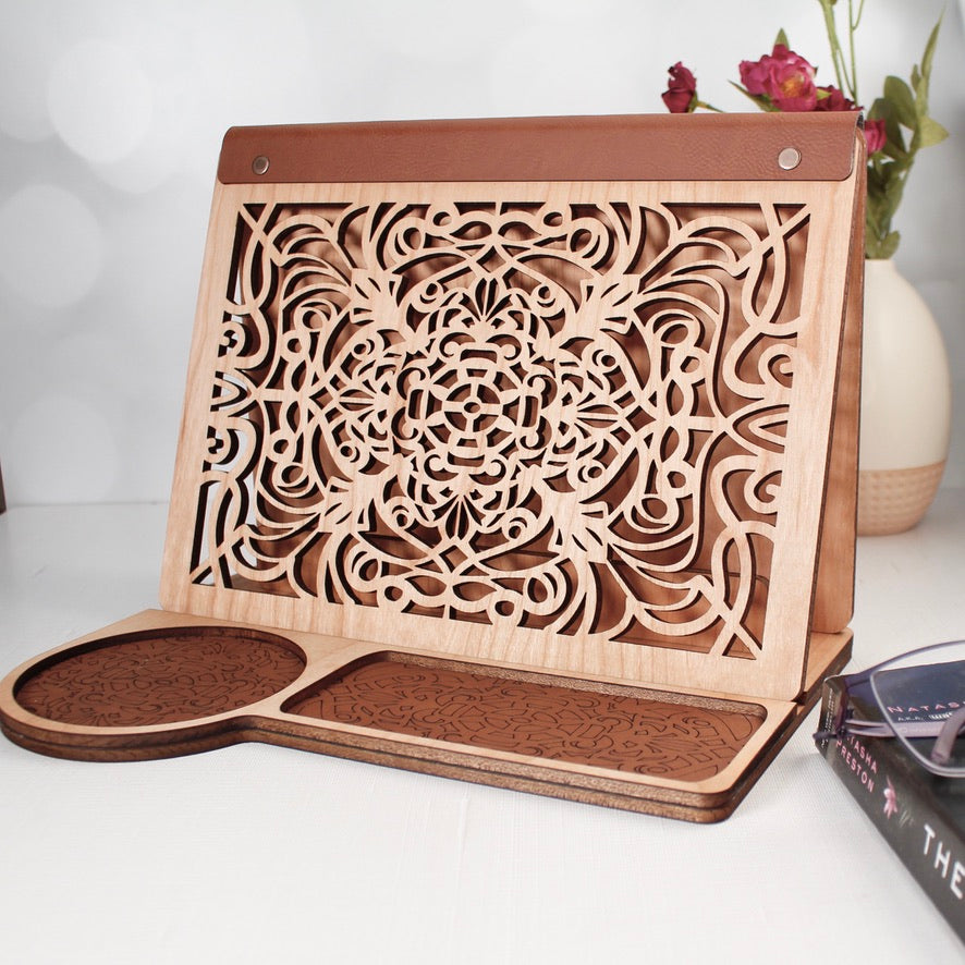 Decorative wooden book stand with floral laser engraving and cup holder